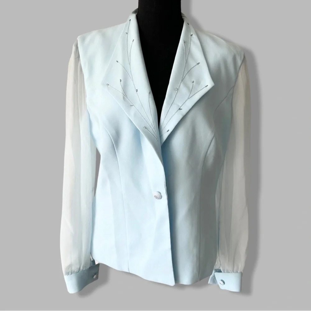Vintage Lori Ann Blue Sequins Collar Mesh Sleeve Blazer Made in Canada